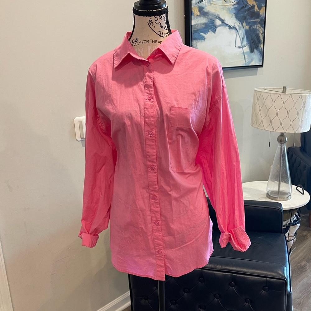 Vibrant Pink Button-Down Shirt with Roll-Up Sleeves - Size XL